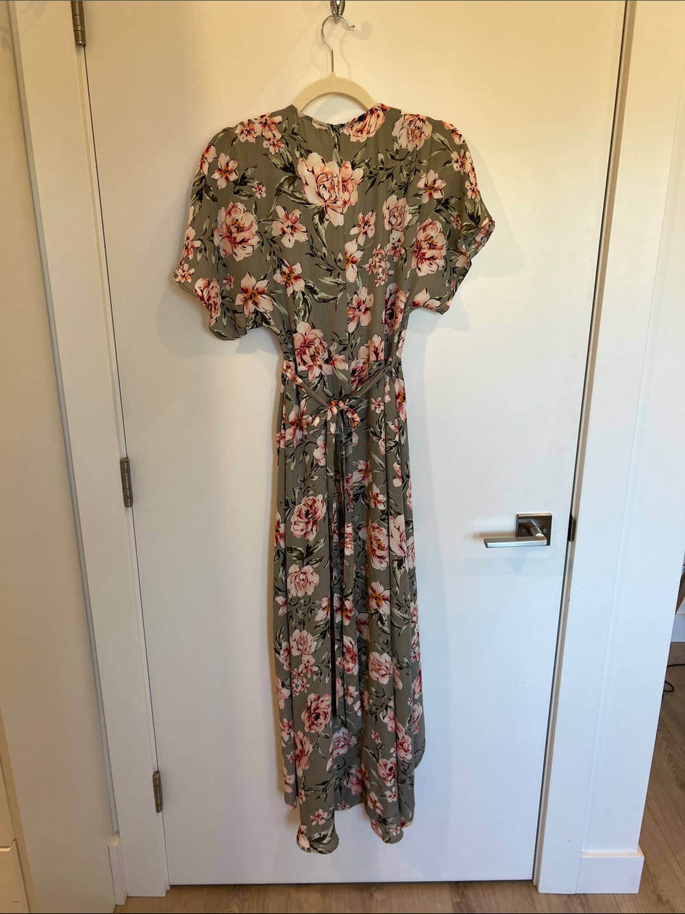 Floral V-Neck Maxi Dress in Sage with Pink Roses High Low - Picture 3 of 3